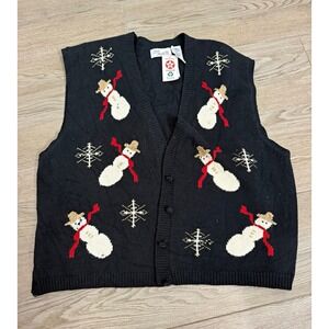 Laura Daniels Black V‑Neck Snowman Christmas Knit Sweater Vest Button Front 3x